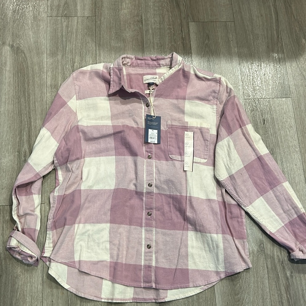 Pink and White Plaid Button-Up Shirt